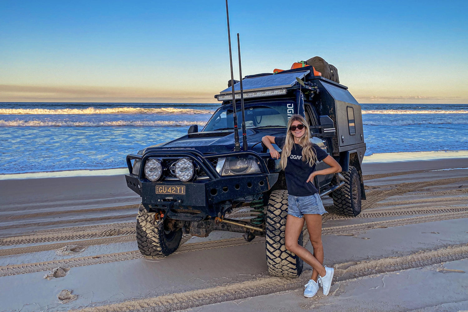 Wisey's GU Patrol and @millaannasofia at the beach on Fraser Island QLD
